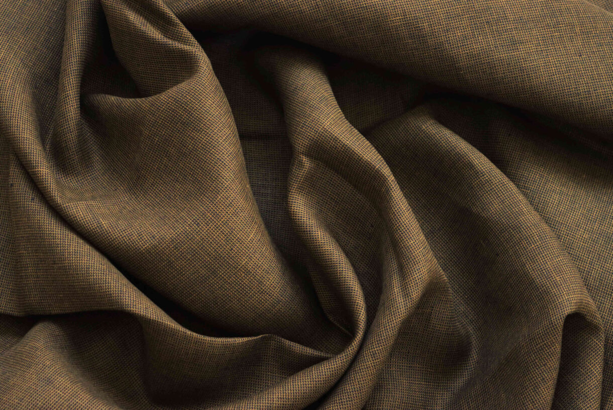 Mustard Pin-Dot Linen – 160gsm Micro-Check Natural Fabric Mustard pin-dot micro-check linen fabric, 160gsm lightweight and breathable