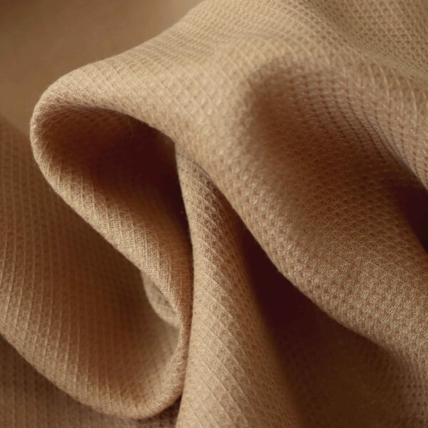 Camel-colored small honeycomb linen fabric, 200gsm weight, breathable and textured