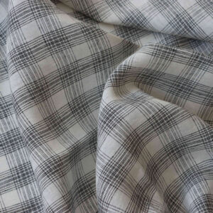 Sample of Linen Fabric in Off White color with Black Grids Pattern 270gsm