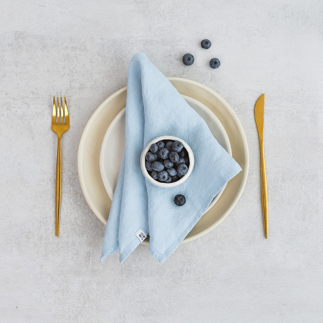 Set of two 100% linen napkins, neatly folded on a neutral table surface.