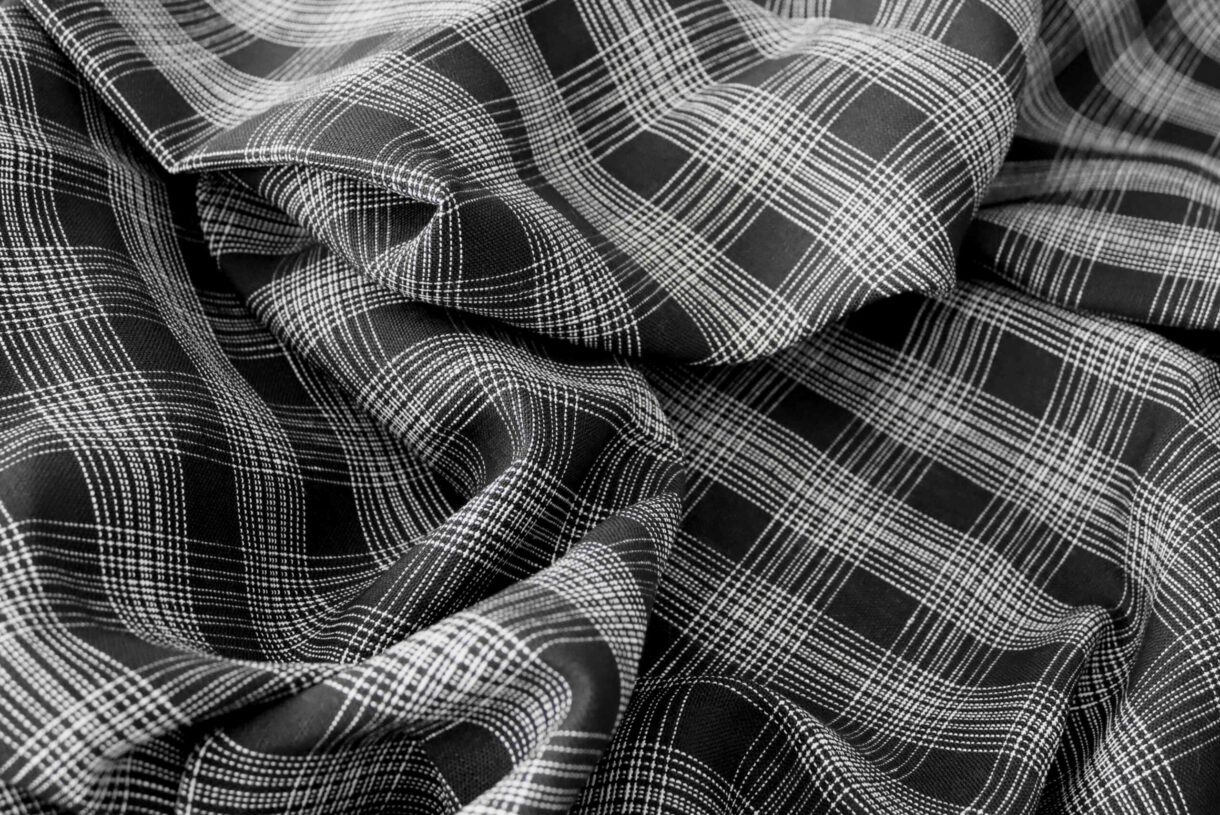 Black Linen with Off-White Grids – 270gsm Black linen fabric with off-white grid pattern, 270gsm heavyweight natural textile